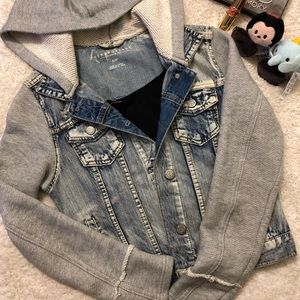 Two Tone Cropped Jean Jacket with Hoodie